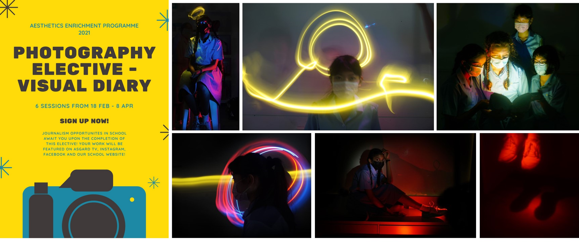 Flyer for a 2021 Photography Elective Visual Diary program showing students doing light painting photography in dark settings.